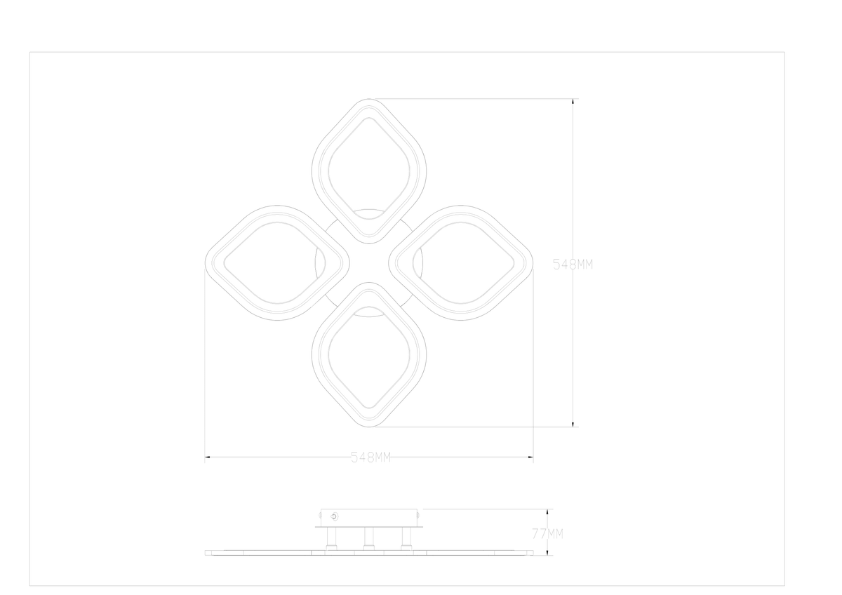 Schéma coté du luminaire indiquant 548 mm de largeur et 77 mm de hauteur