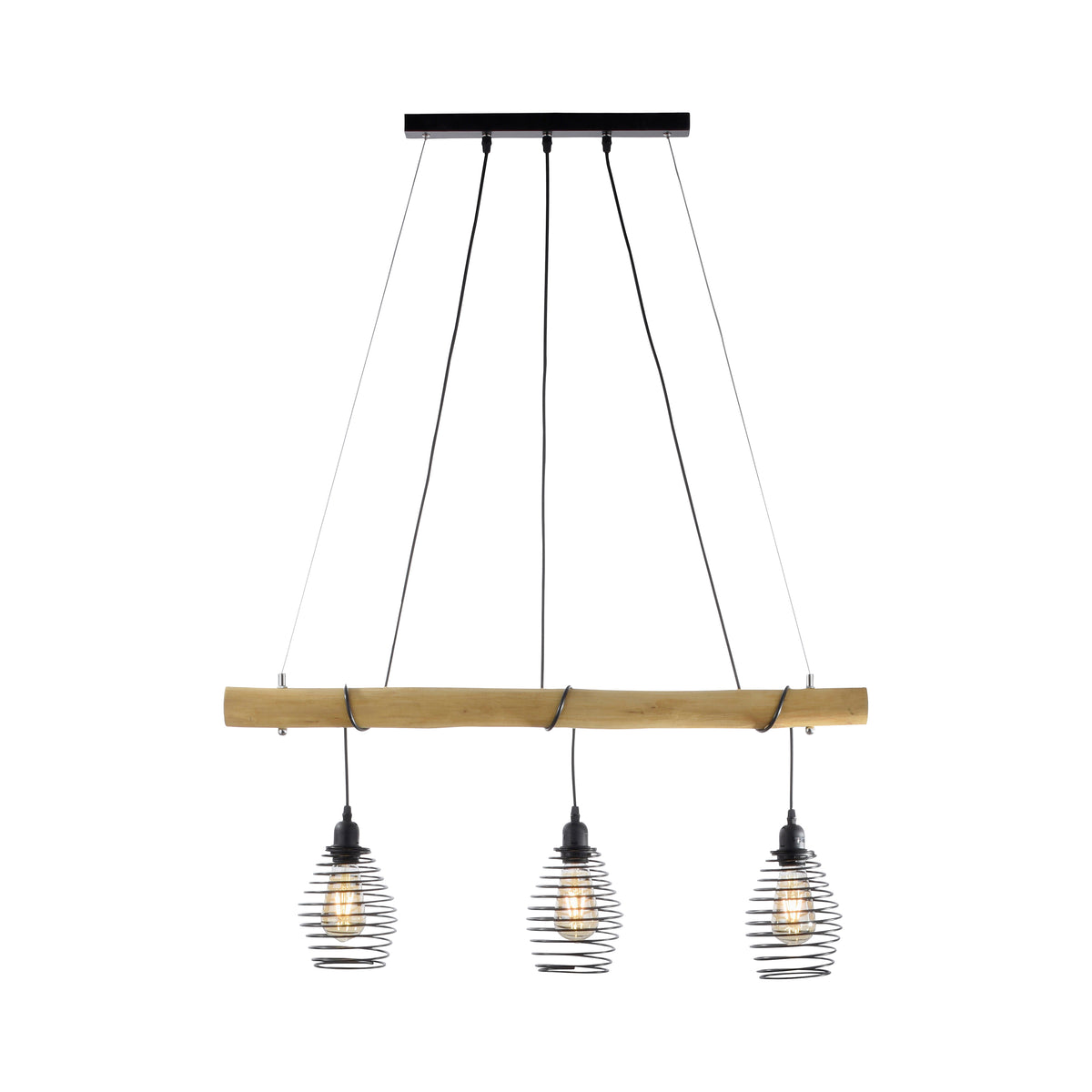Vue de face sur fond blanc de la suspension en bois et métal noir