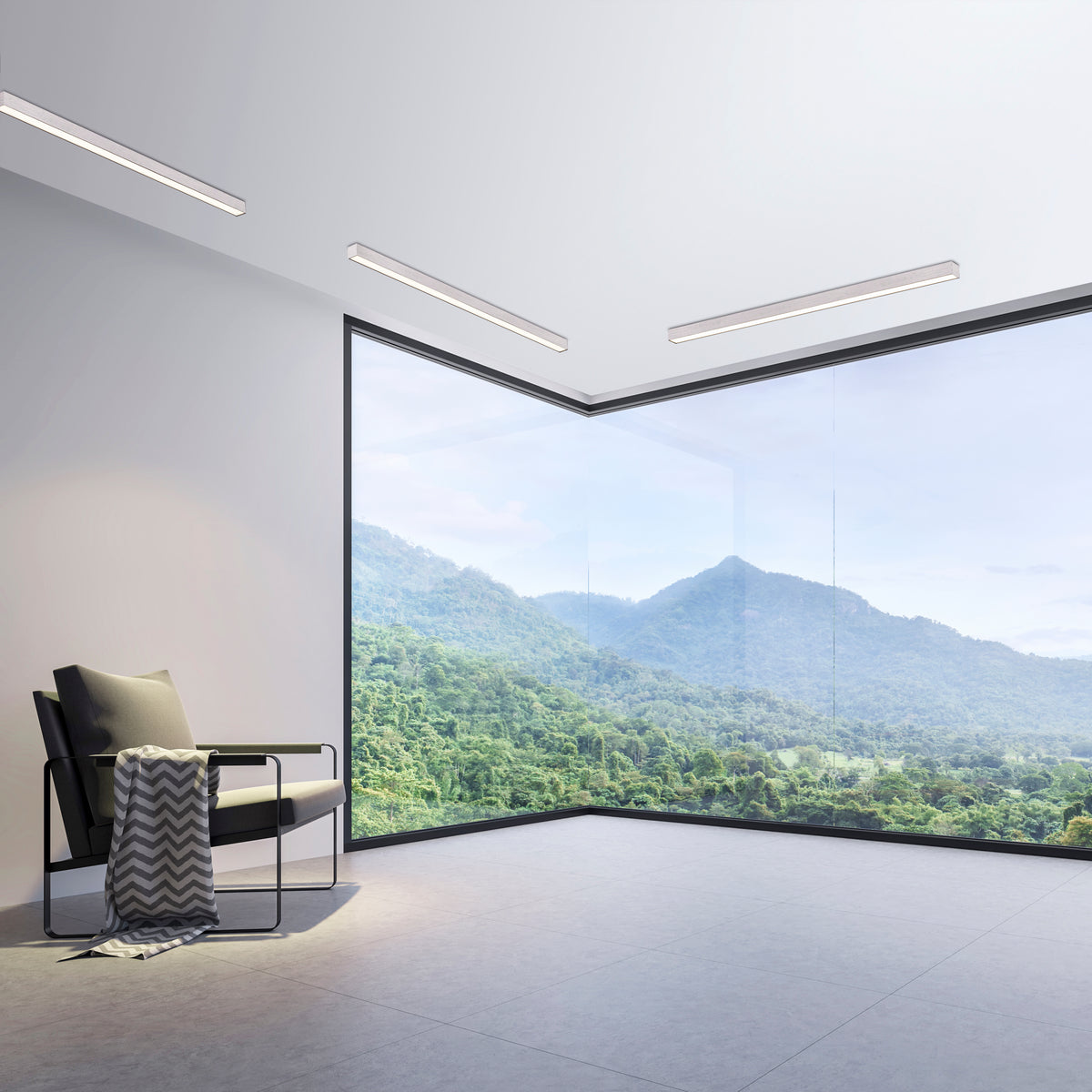 Mise en ambiance dans un séjour moderne avec trois plafonniers linéaires