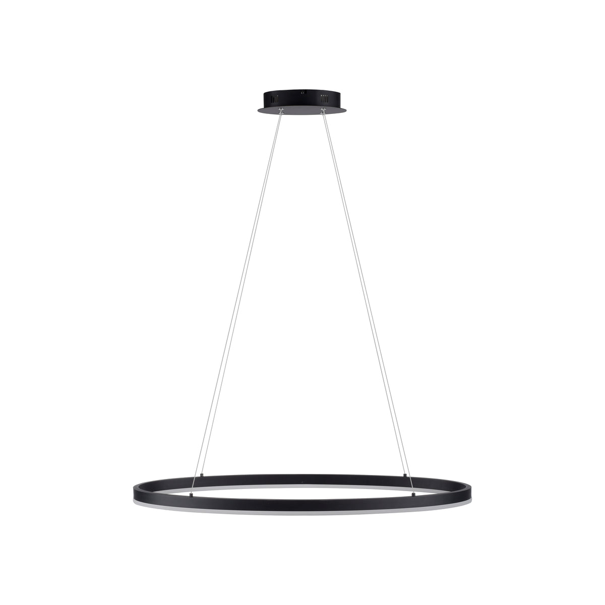 Vue de face du luminaire suspendu avec anneau anthracite et câbles fins.