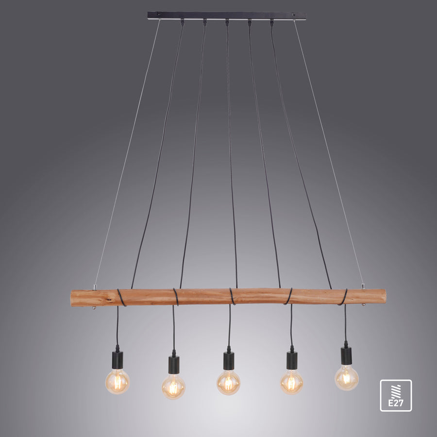 Suspension Damian 5 lumières, bois