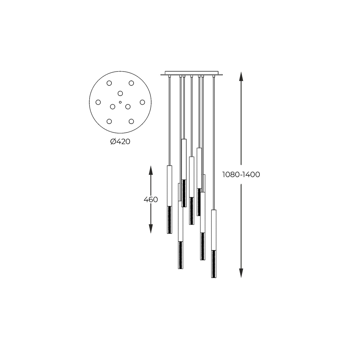 Schéma de dimensions avec rosace ronde de 420 mm et hauteur réglable
