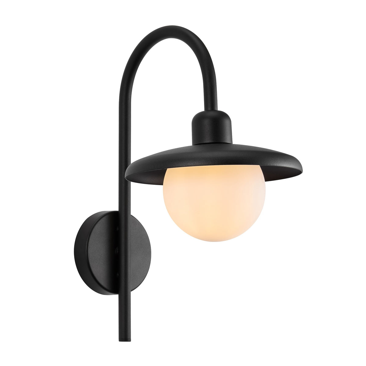 Vue de profil de l'applique noire avec bras courbé, abat-jour et globe.