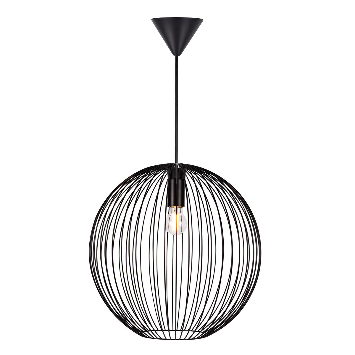 Détail de la cage ajourée en fil noir et de l'ampoule Edison visible