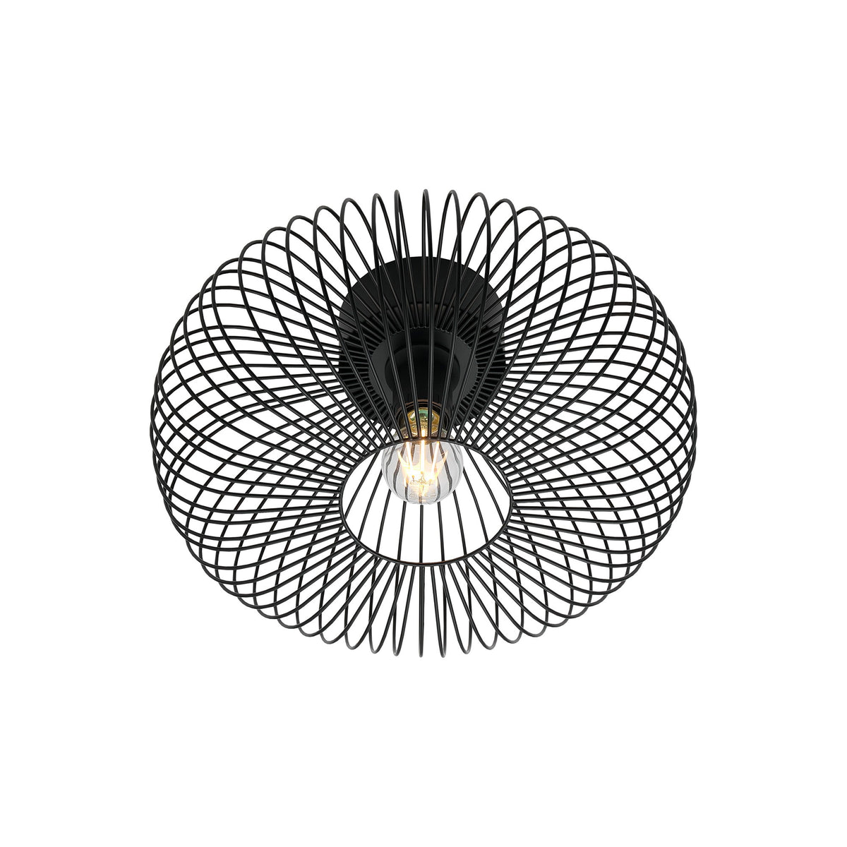 Vue de face du plafonnier noir, structure ovale en fil métallique avec ampoule apparente.