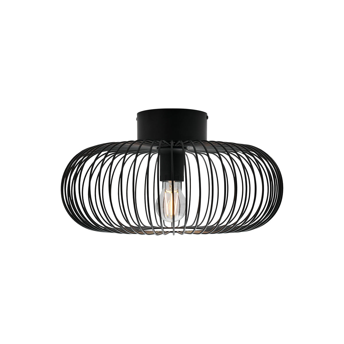 Profil du plafonnier noir fixé au plafond, cage ovale et ampoule Edison visible.