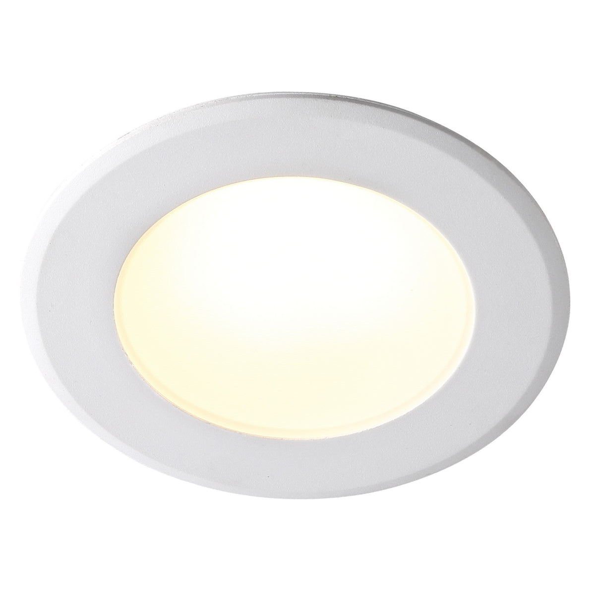 Spot encastrable LED blanc vu en légère plongée, diffuseur opale allumé et finition lisse
