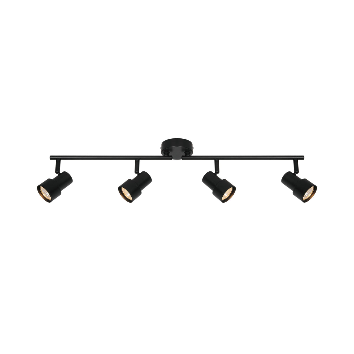 Vue de face du plafonnier noir à quatre spots cylindriques orientables sur rail horizontal