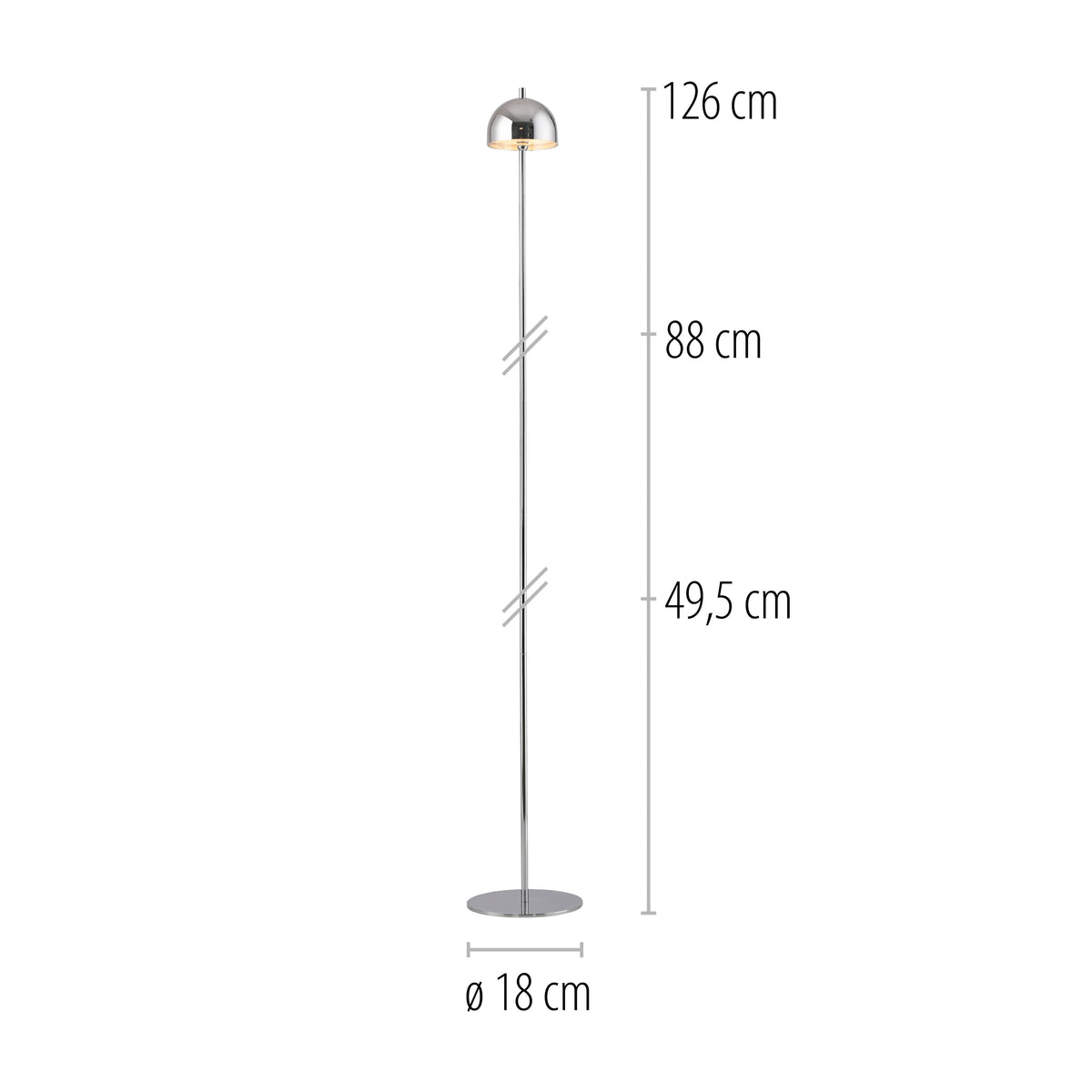 Schéma coté du lampadaire : hauteur 126 cm, segments 88 et 49,5 cm, base 18 cm.