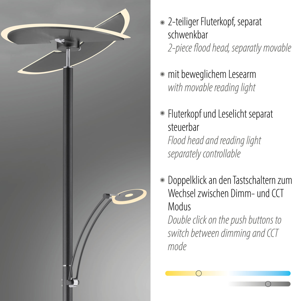Détail de la tête lumineuse et du bras de lecture orientable avec textes techniques.