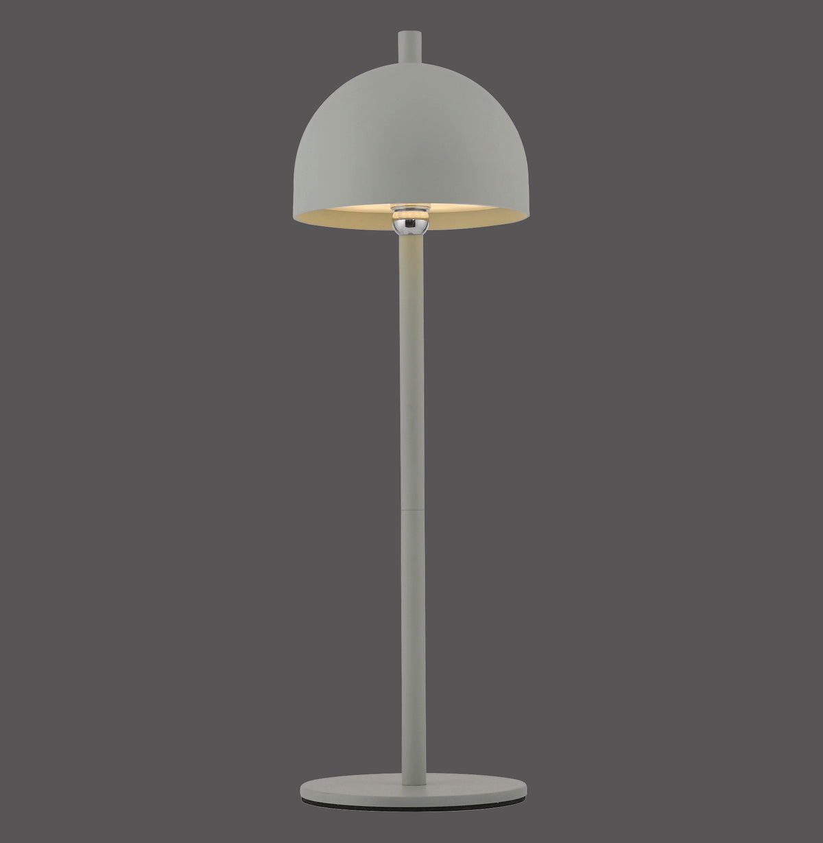 Lampe à poser grise vue de face, abat-jour en forme de dôme