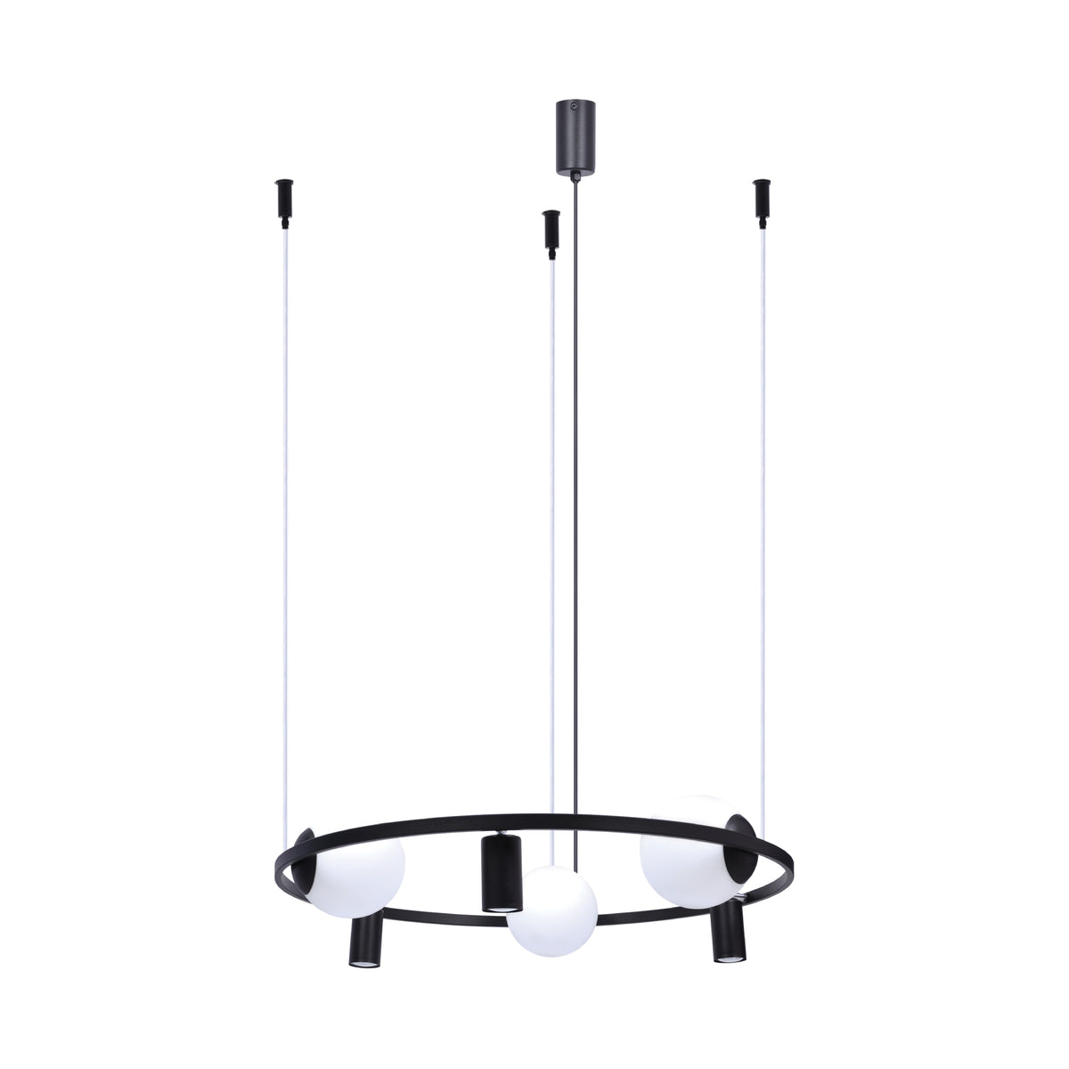 Vue de face du luminaire suspendu avec son anneau noir et ses globes de verre