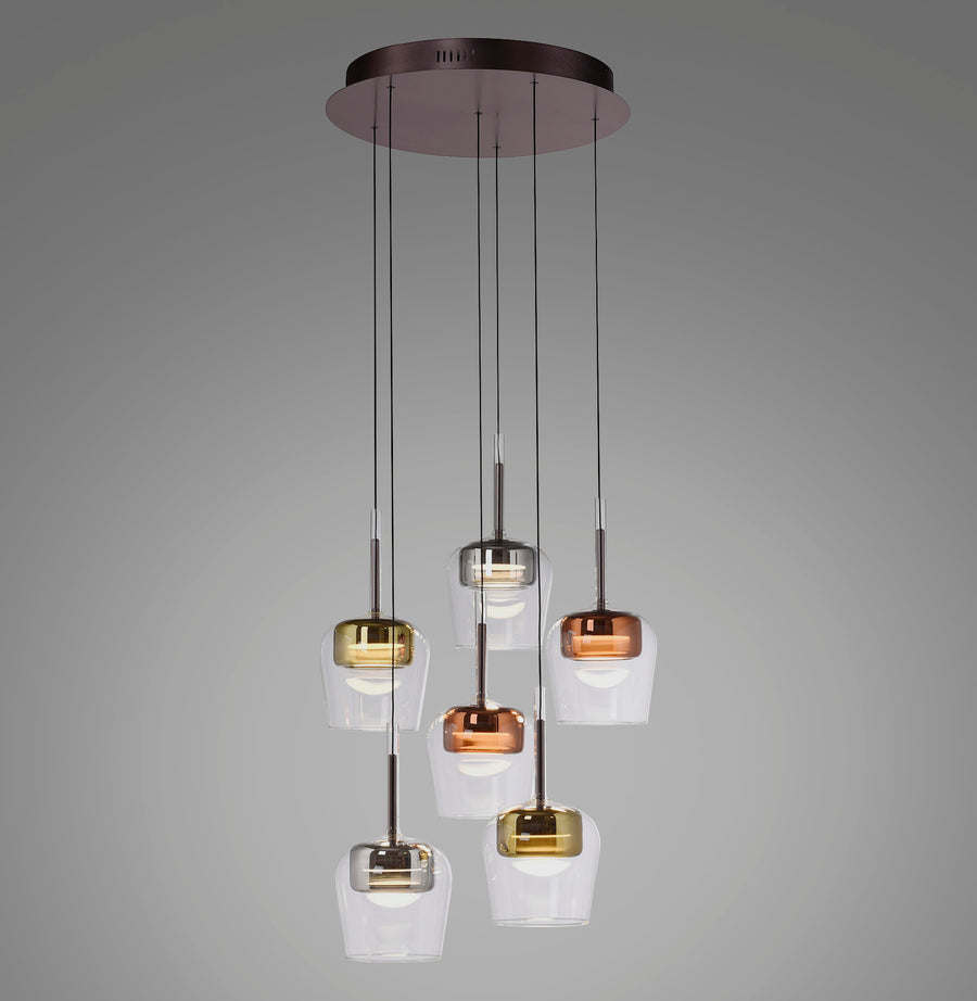 Suspension six abat-jours en verre transparent teinté or, cuivre et chrome sur câbles