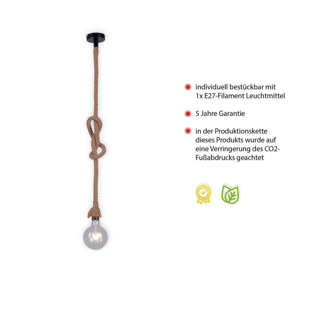 Visuel produit avec textes garantie cinq ans et douille E27, ampoule non incluse