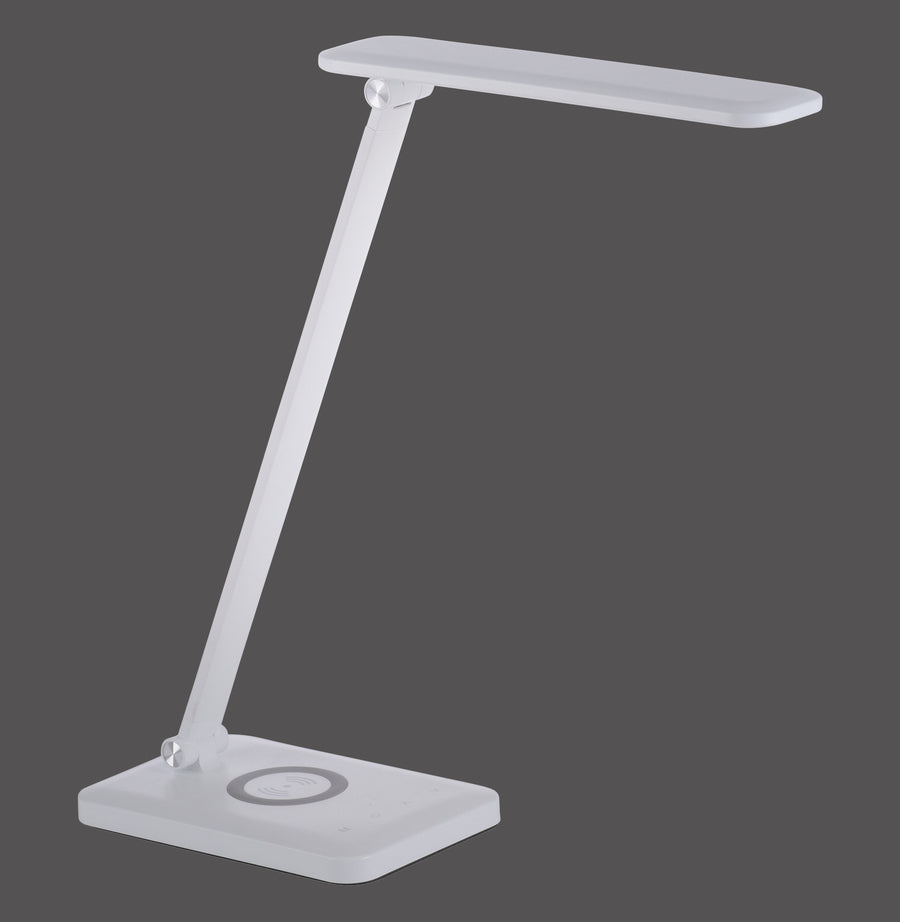 Lampe blanche de bureau, tête rectangulaire, bras articulé et base avec recharge sans fil.