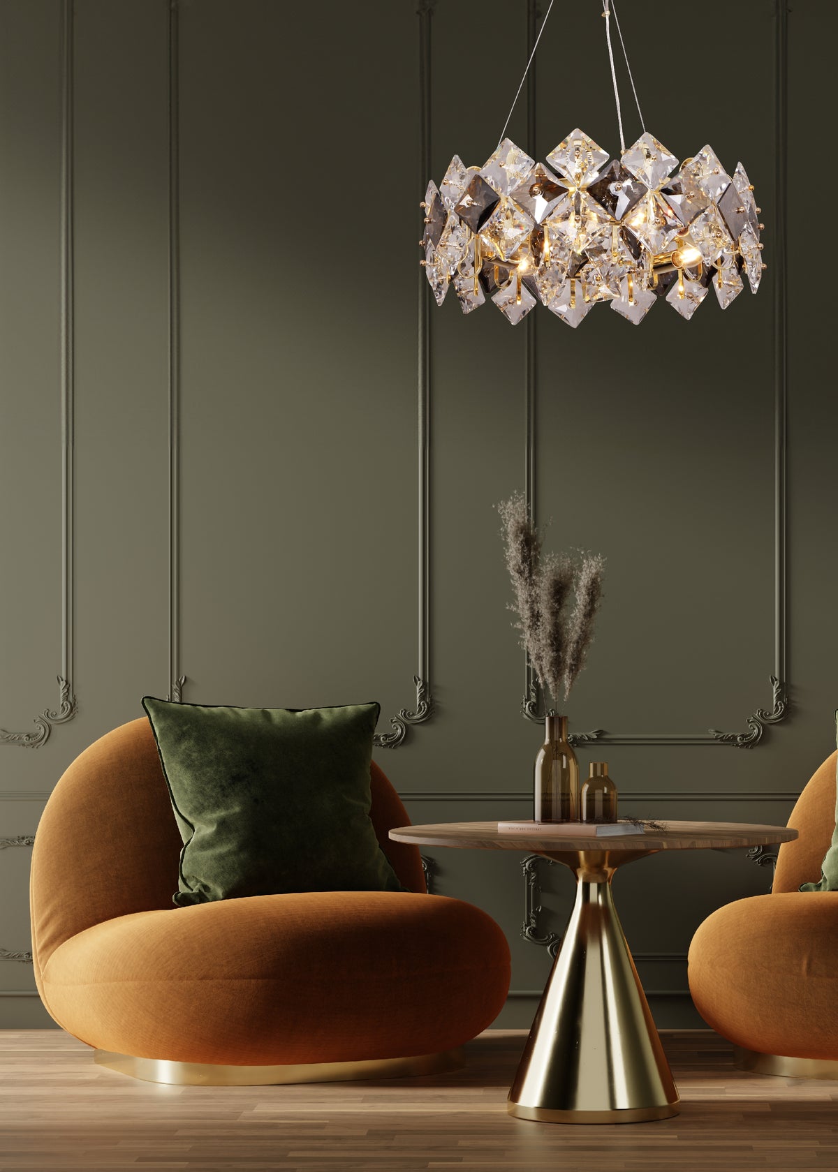 Vue rapprochée du luminaire allumé au-dessus de fauteuils orange et d'une table