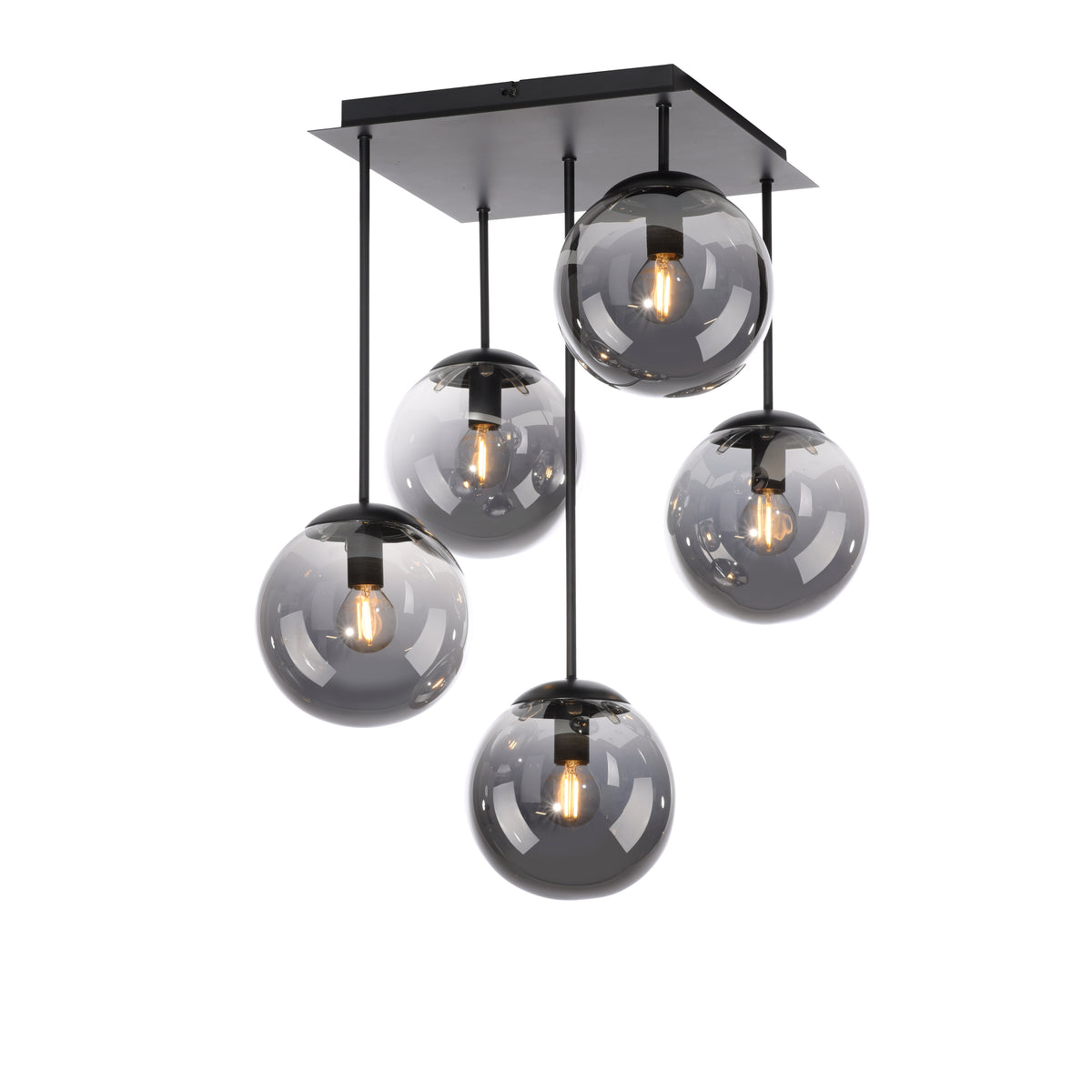 Luminaire présenté de trois quarts, cinq globes fumés à hauteurs différentes