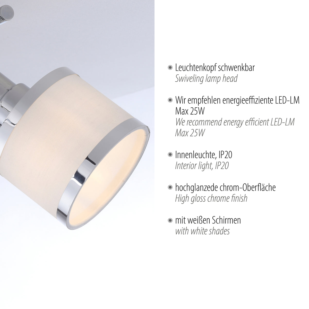 Détail projecteur orientable, diffuseur blanc et finition chromée, texte allemand et anglais.