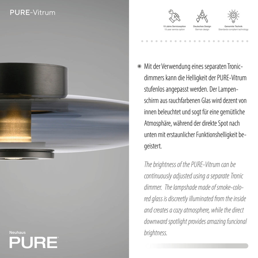 Détail de la finition verre et laiton avec texte sur variateur Tronic