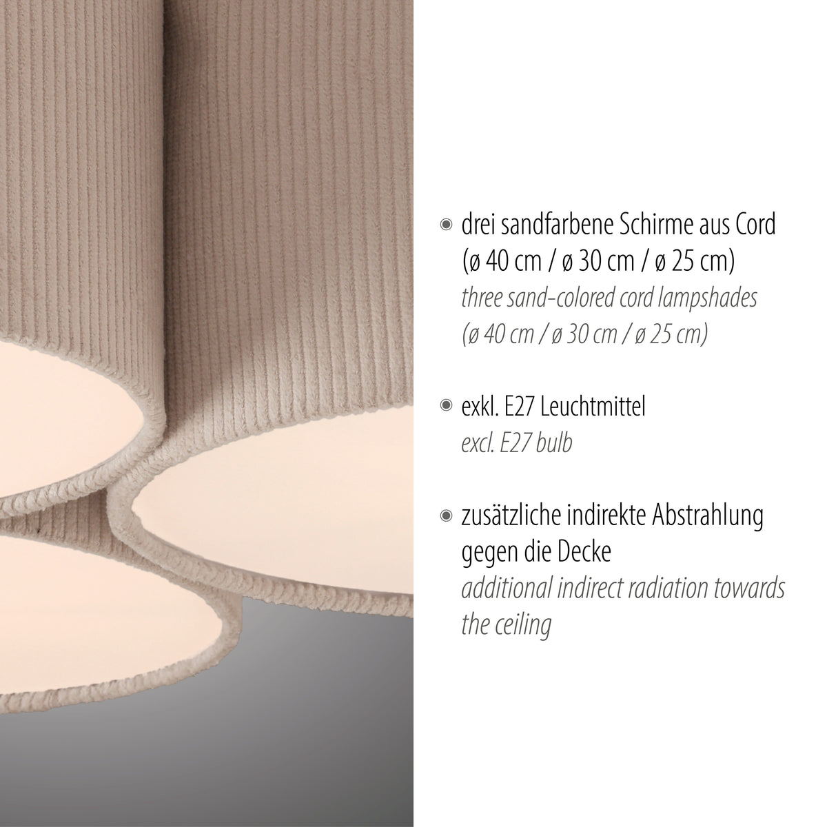 Détail de la finition en cordelette beige et texte indiquant trois diamètres d'abat-jour.