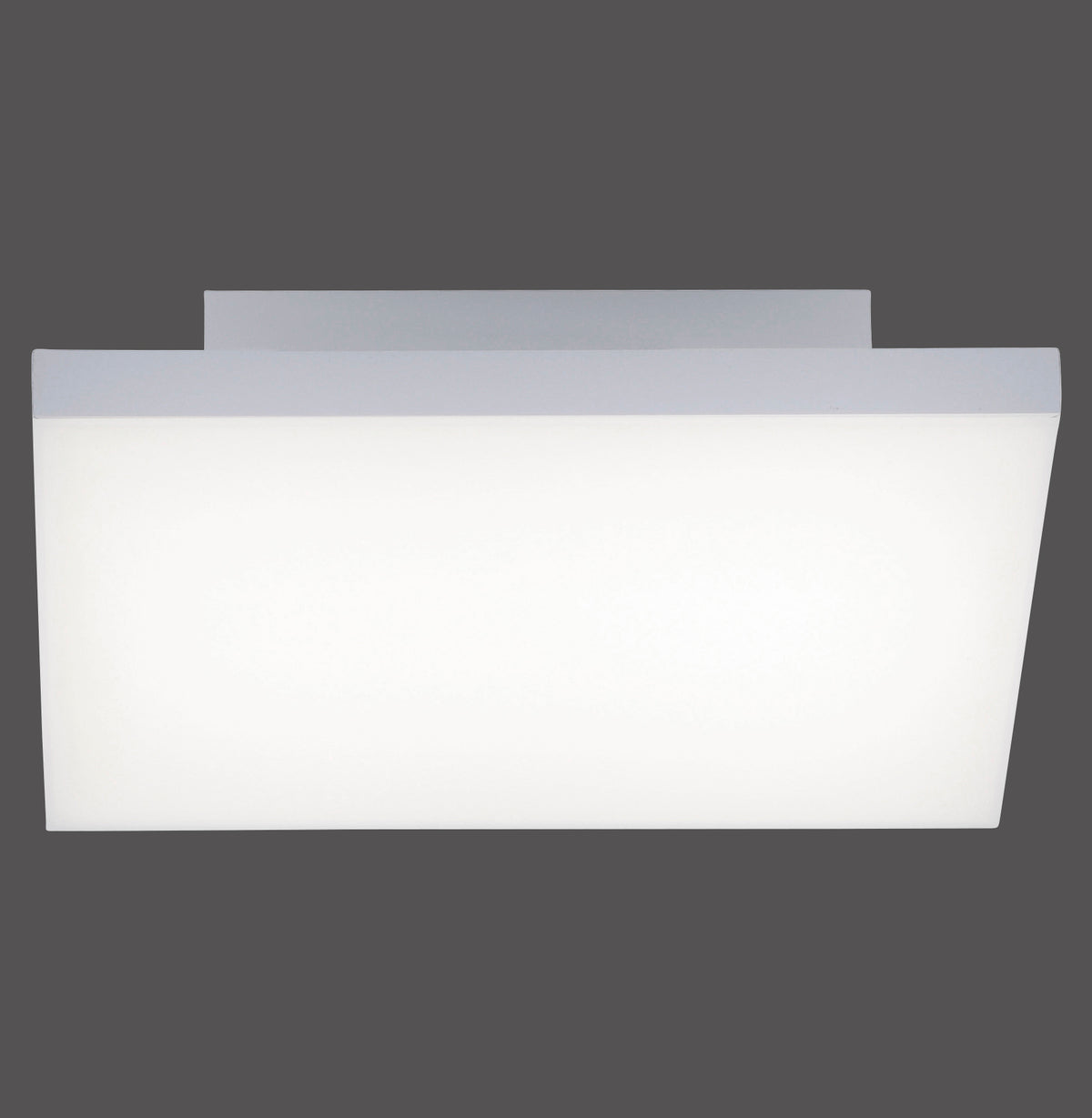 Vue de face du plafonnier rectangulaire blanc frameless sur fond gris anthracite.