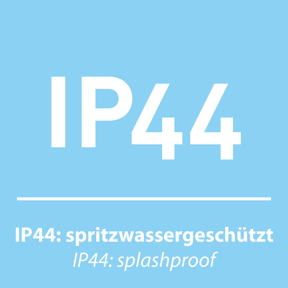 Visuel sur fond bleu avec mention IP44 et texte allemand spritzwassergeschützt