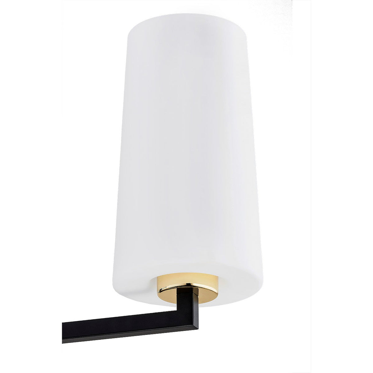 Détail d'un abat-jour blanc, bague dorée et bras noir en équerre