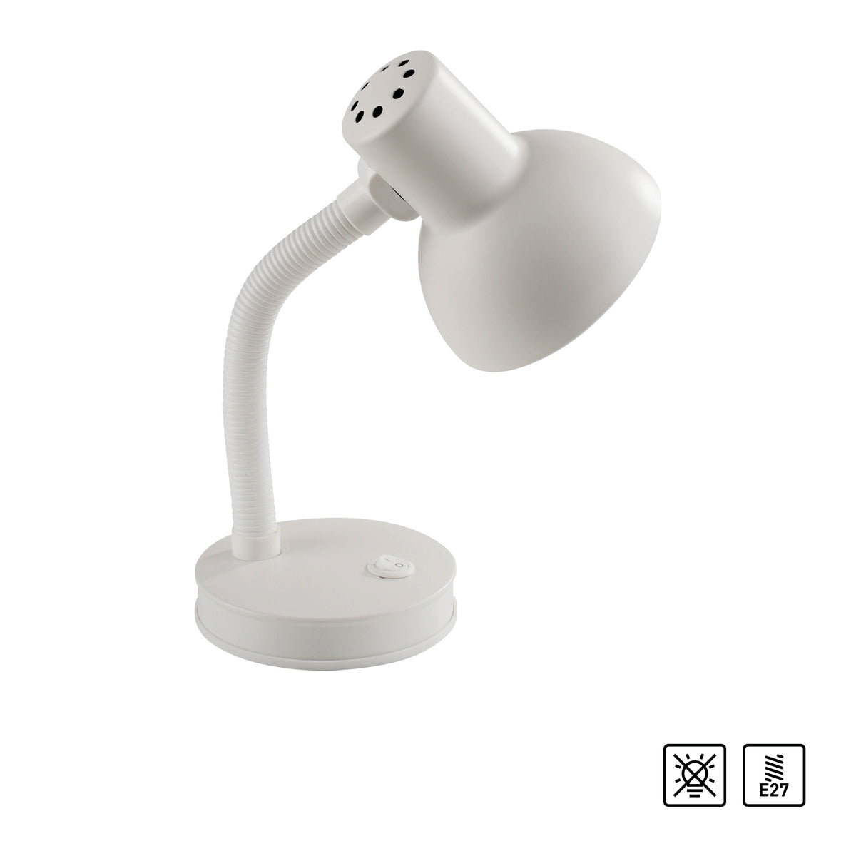 Vue arrière de la lampe blanche montrant les aérations, la base et l'ampoule E27.