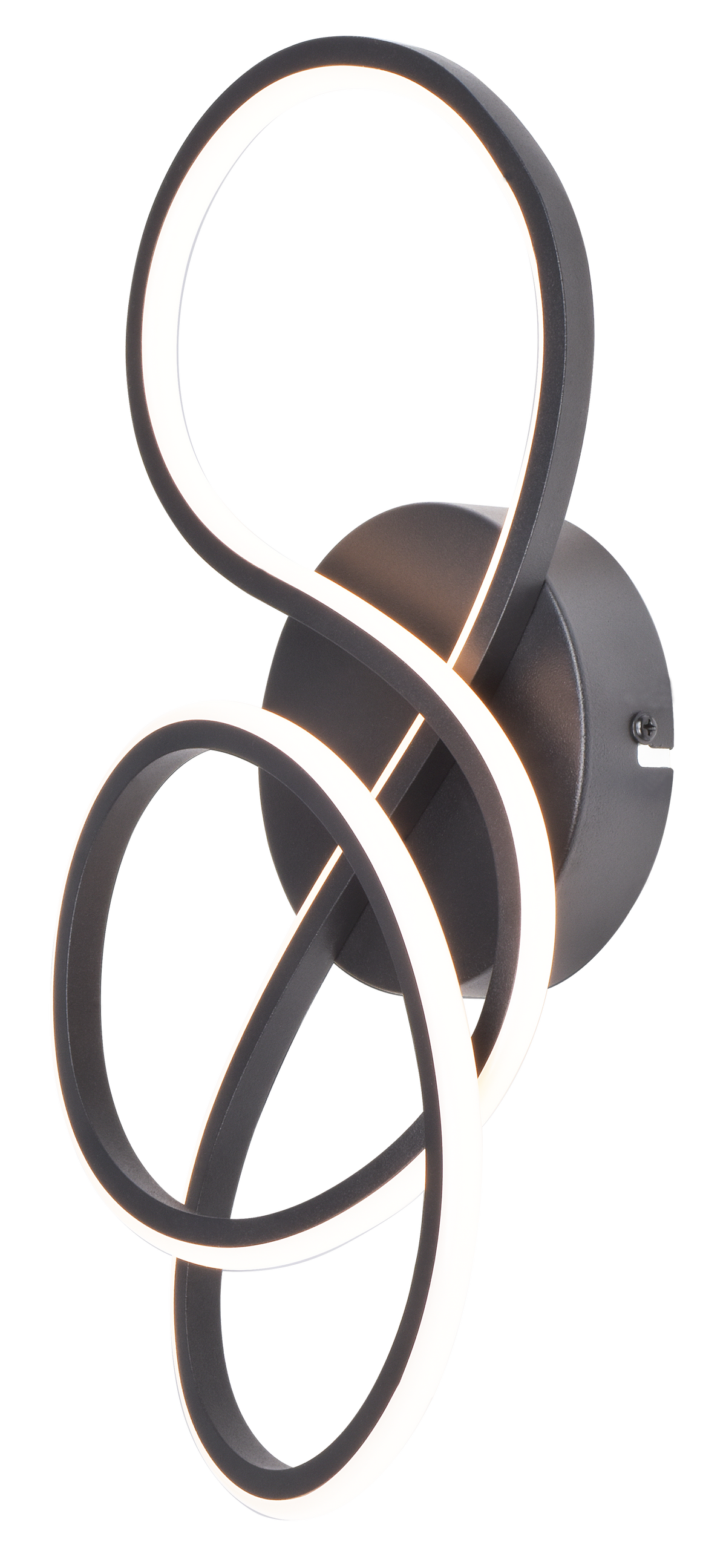 Applique murale noire en boucles ovales entrelacées, diffuseur LED blanc, fond blanc studio