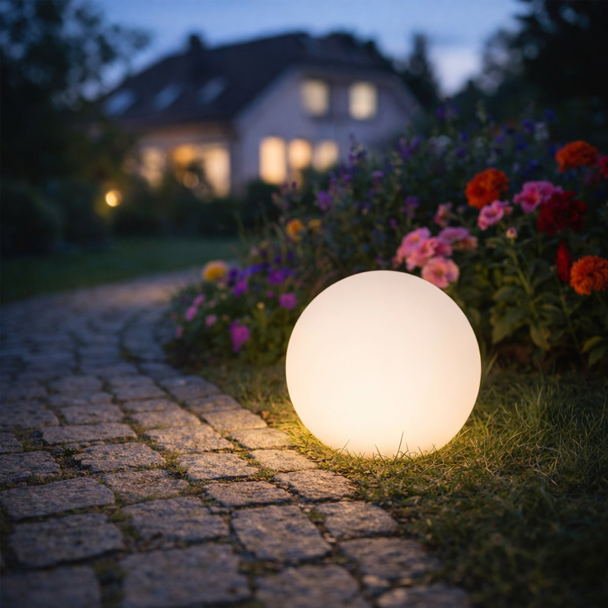 Boule lumineuse éclairée le long d'une allée pavée, fleurs au crépuscule.