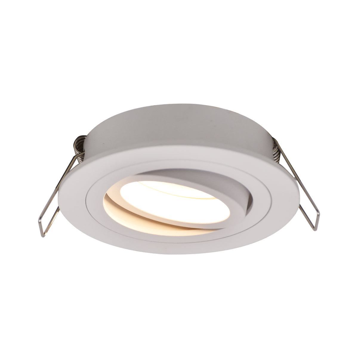 Spot encastrable blanc rond orientable, ressorts de fixation visibles, éclairage chaud