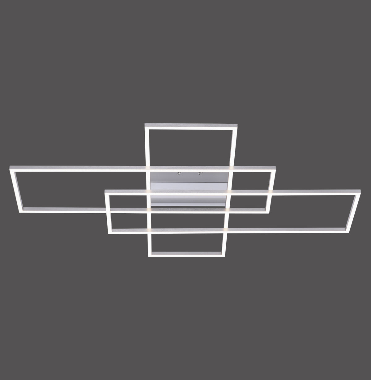 Vue de face du plafonnier géométrique composé de cadres rectangulaires en acier blanc