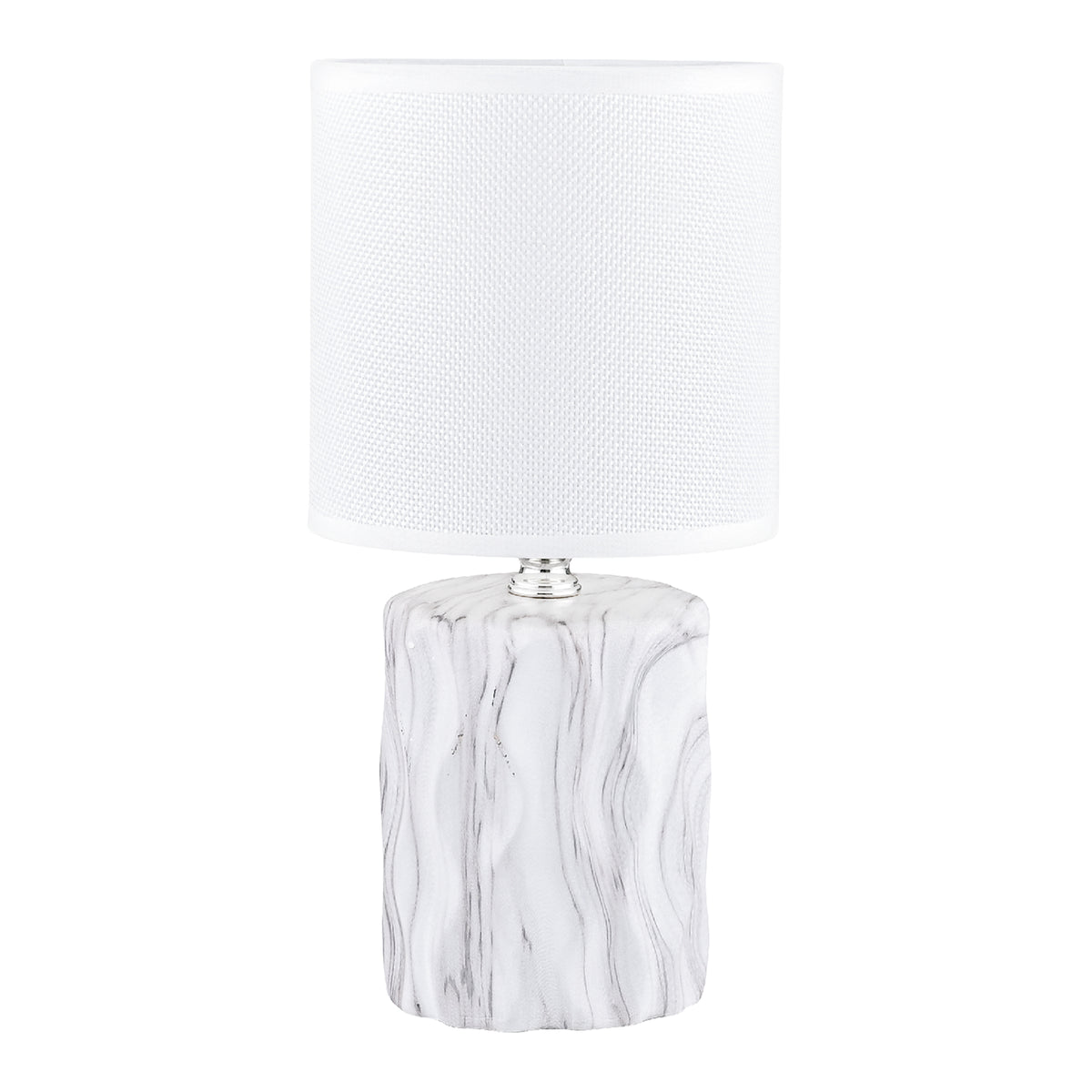 Lampe à poser blanche en céramique, vue de face avec abat-jour cylindrique