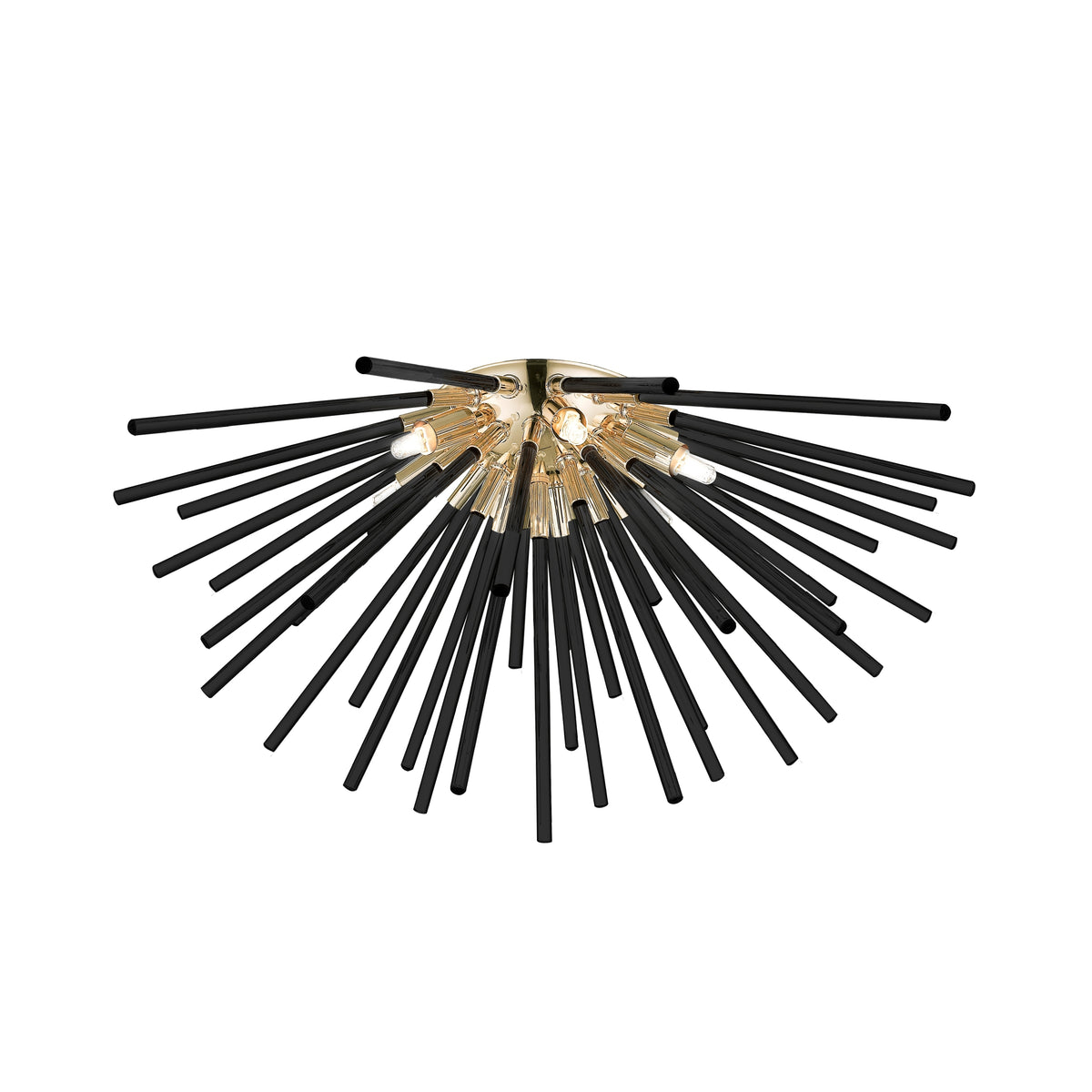 Plafonnier doré à tiges noires rayonnantes, six ampoules visibles, de face.