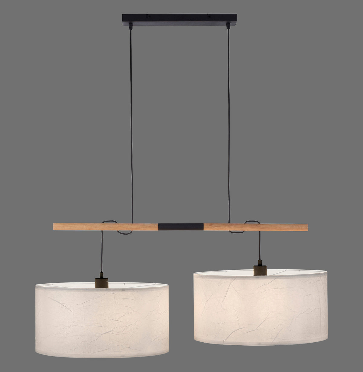 Suspension vue de face, barre en bois et deux abat-jours cylindriques en papier