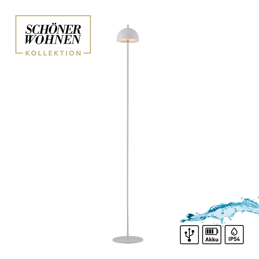 Lampadaire blanc sur fond blanc avec logo de collection et éclaboussure d'eau.
