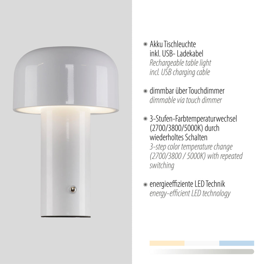 Visuel produit accompagné des caractéristiques : batterie rechargeable USB, variateur tactile, température réglable, LED.