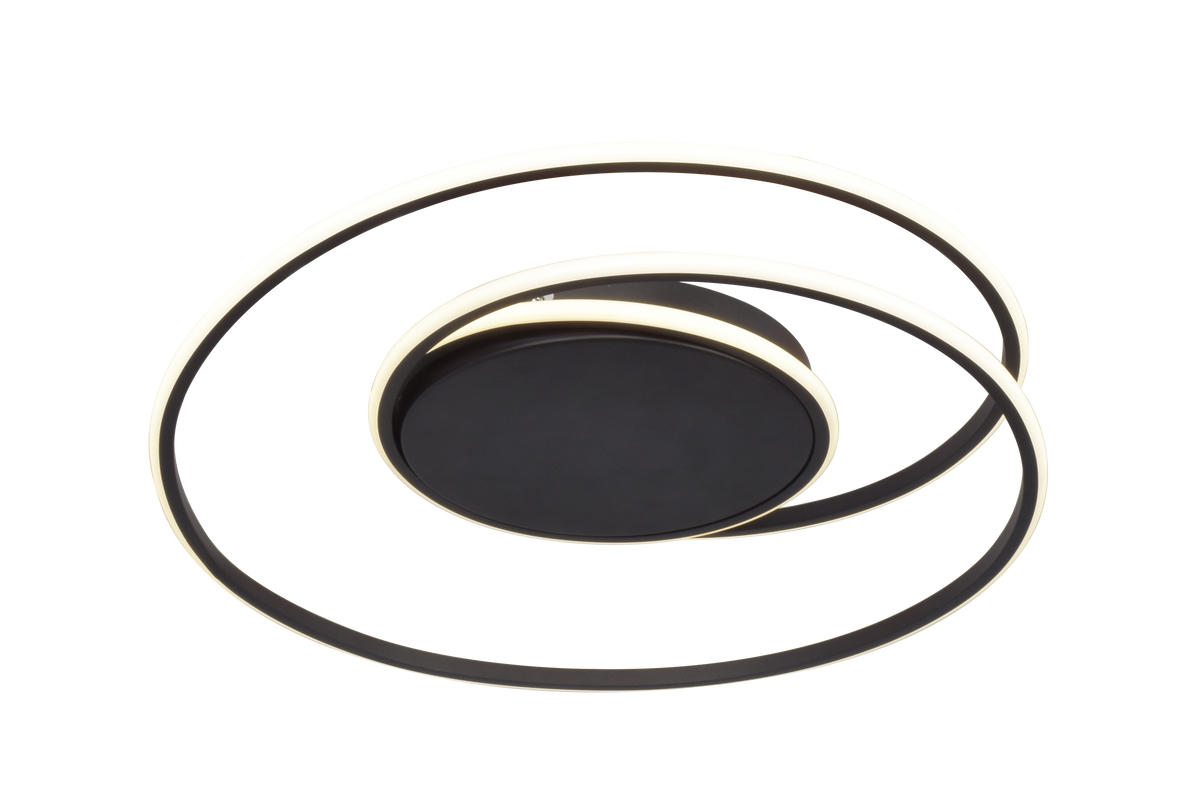 Plafonnier LED noir aux anneaux spirales lumineux, vu de face sur fond blanc