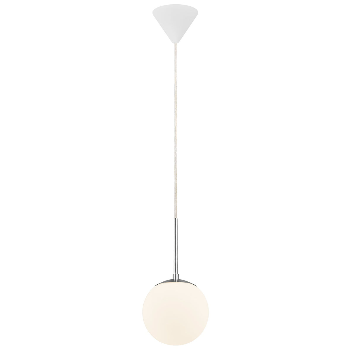 Vue d'ensemble du luminaire avec rosace conique blanche et câble textile tressé