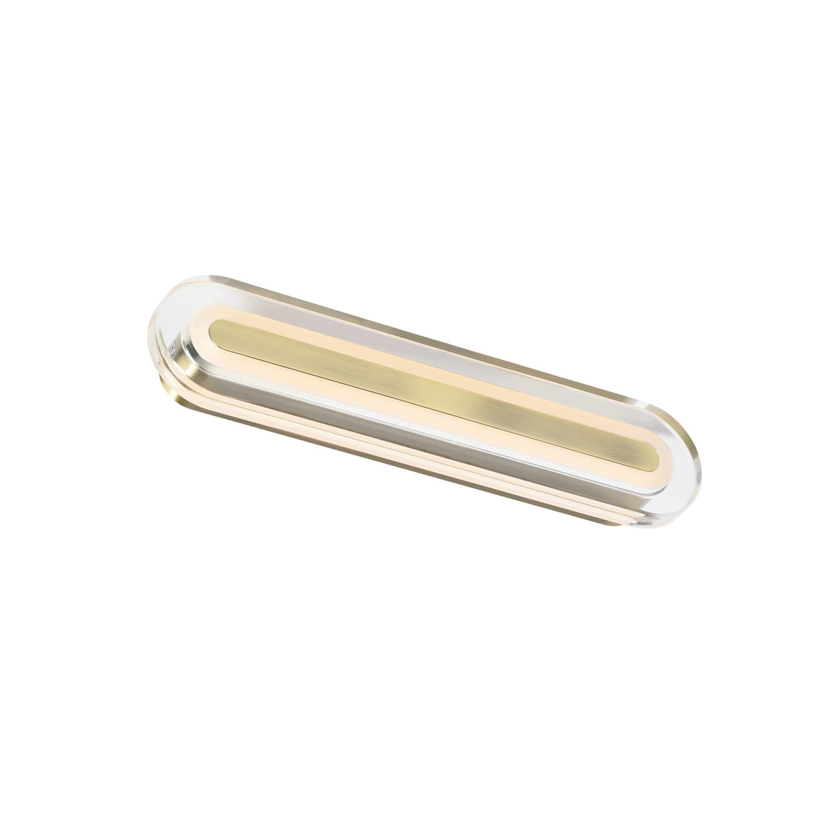 Vue inclinée du luminaire allongé montrant le diffuseur et la finition laiton brossé.