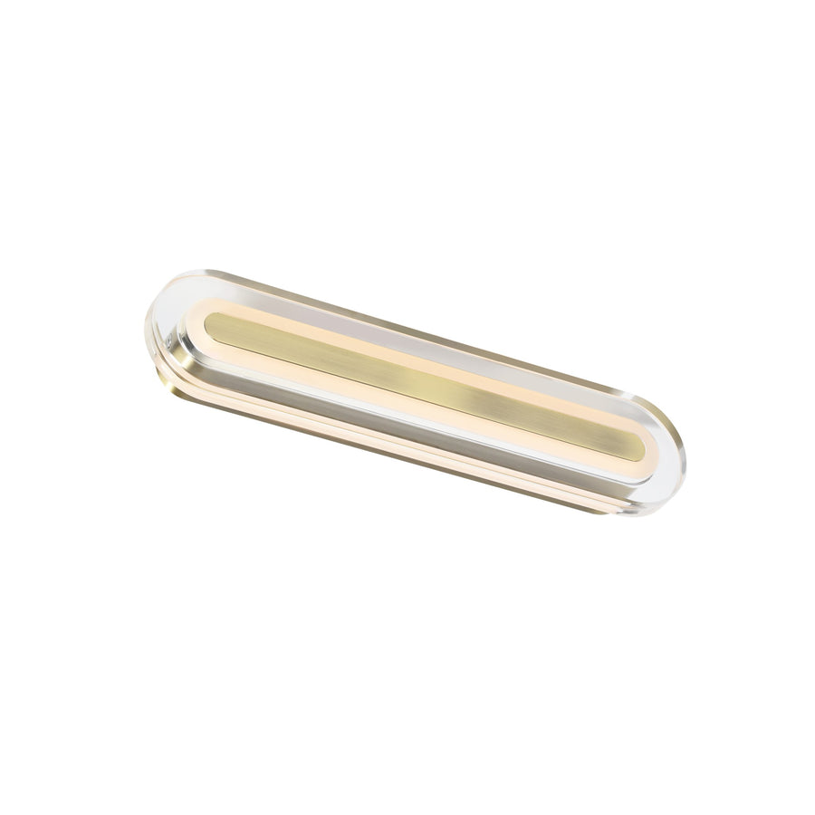 Vue inclinée du luminaire allongé montrant le diffuseur et la finition laiton brossé.