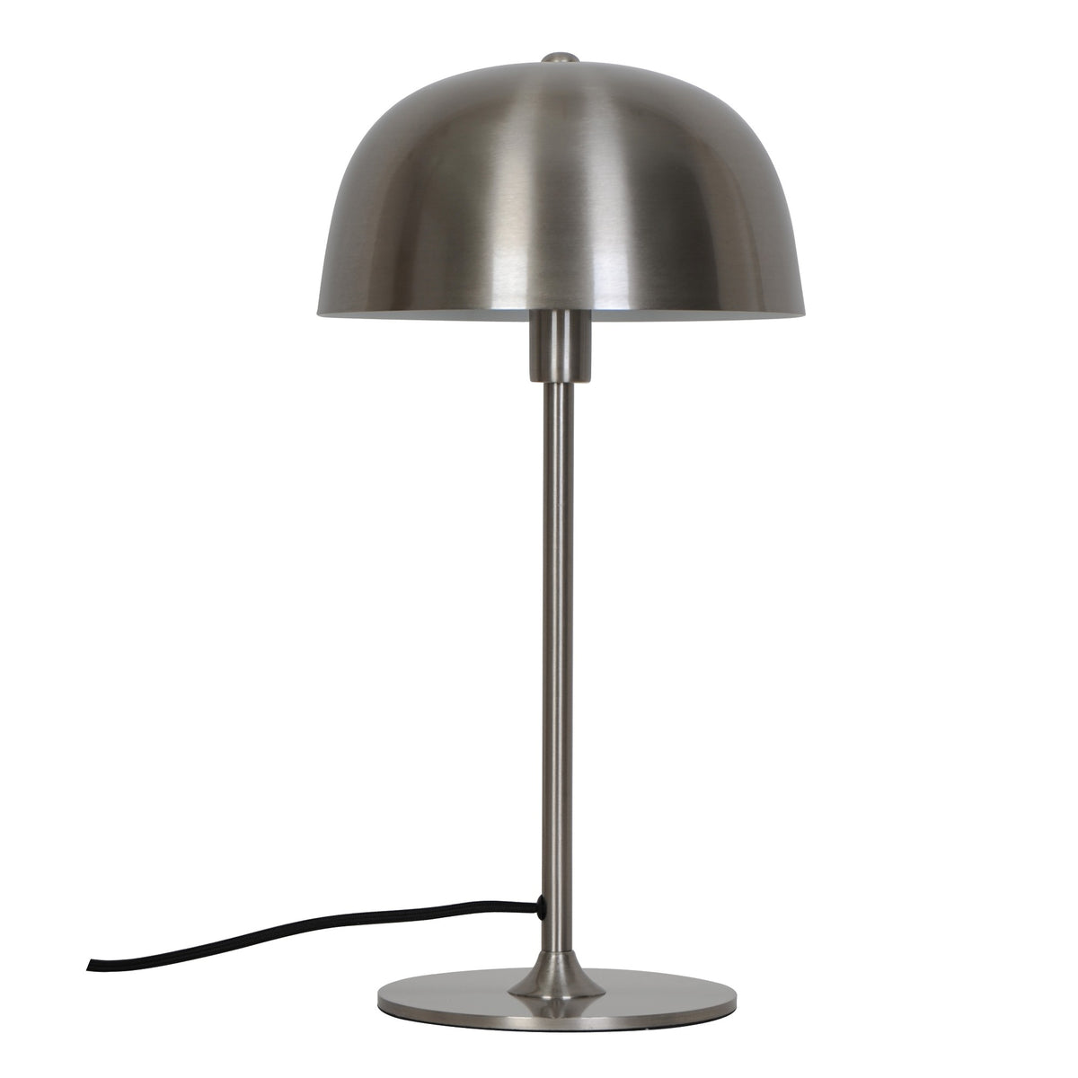 Vue de trois quarts du luminaire argenté montrant la tige et la base ronde