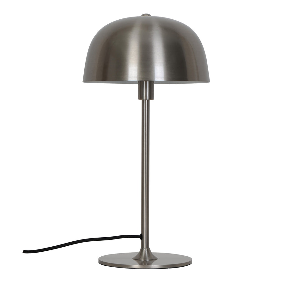 Vue de trois quarts du luminaire argenté montrant la tige et la base ronde