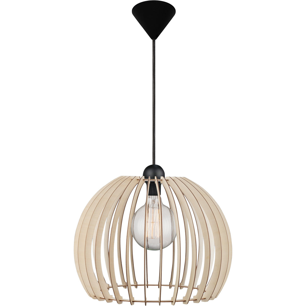 Vue complète de la suspension avec rosace noire et câble tressé vertical.