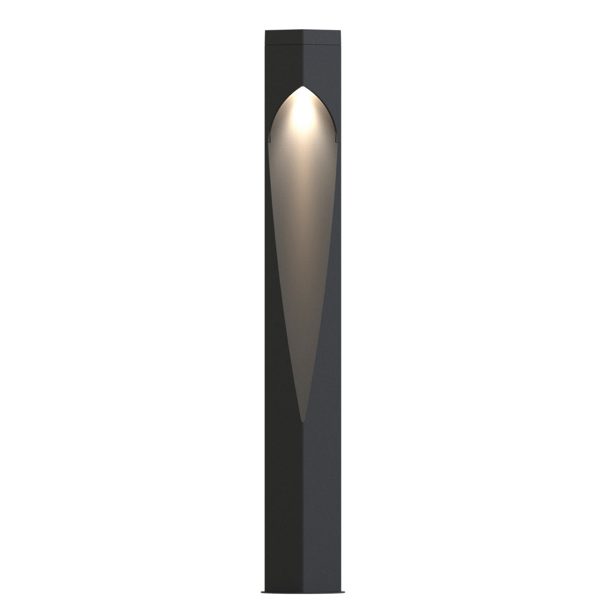 Vue de face d'une borne anthracite avec diffuseur lumineux en forme de goutte.
