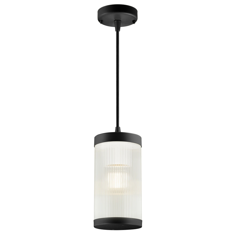Suspension noire avec diffuseur cylindrique en verre nervuré et ampoule visible