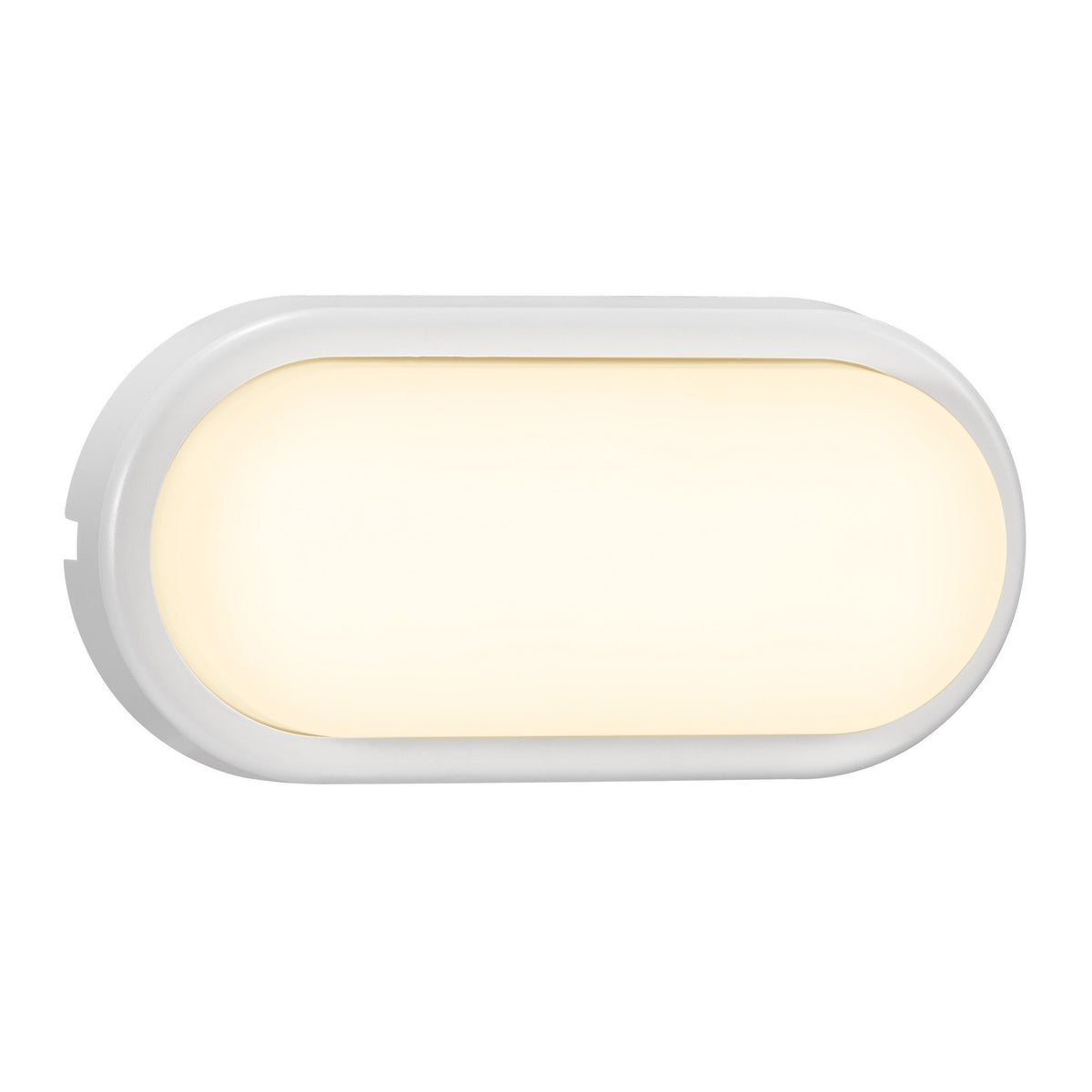 Vue de face de l'applique ovale blanche, diffuseur lumineux allumé sur fond neutre
