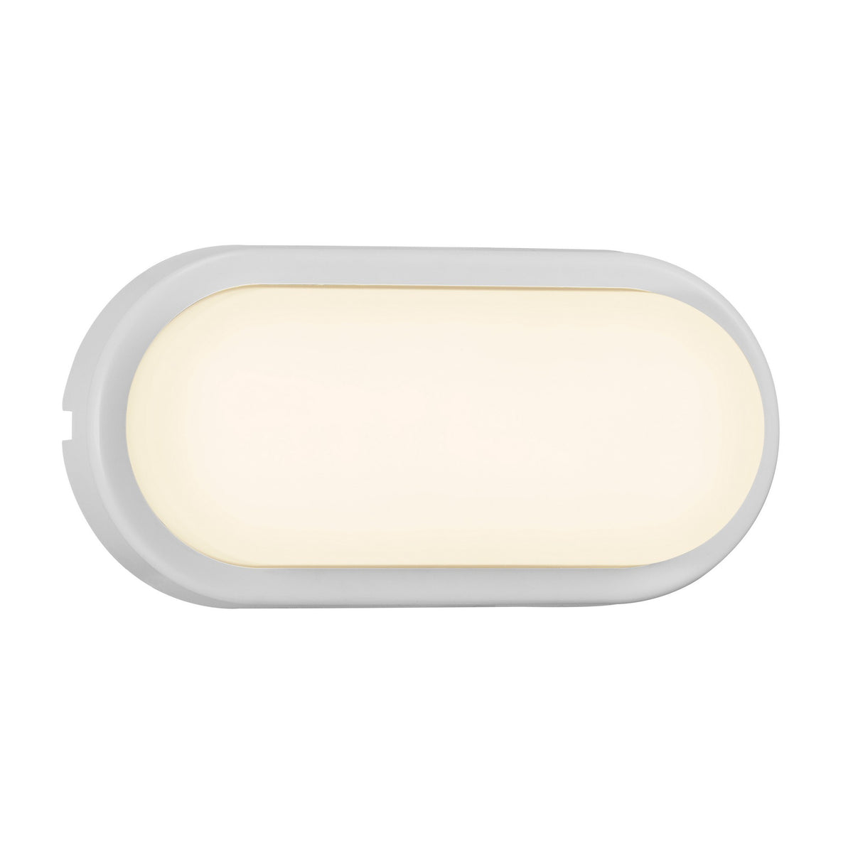 Luminaire mural ovale présenté de face, cadre blanc épais et verre opalin uniforme
