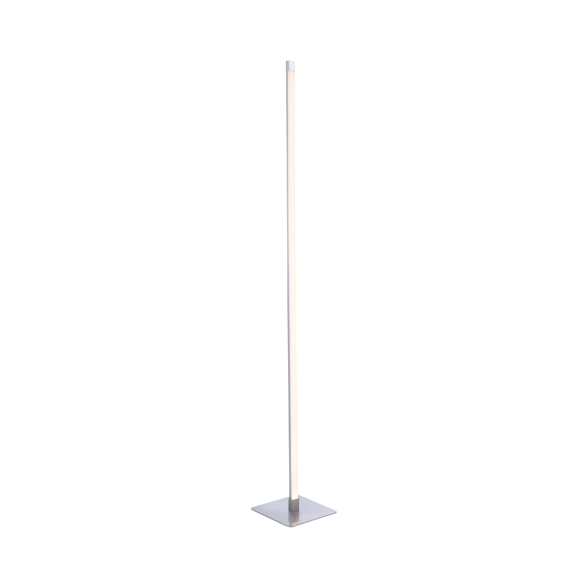 Vue de face du lampadaire sur fond blanc, colonne lumineuse fine et base carrée.