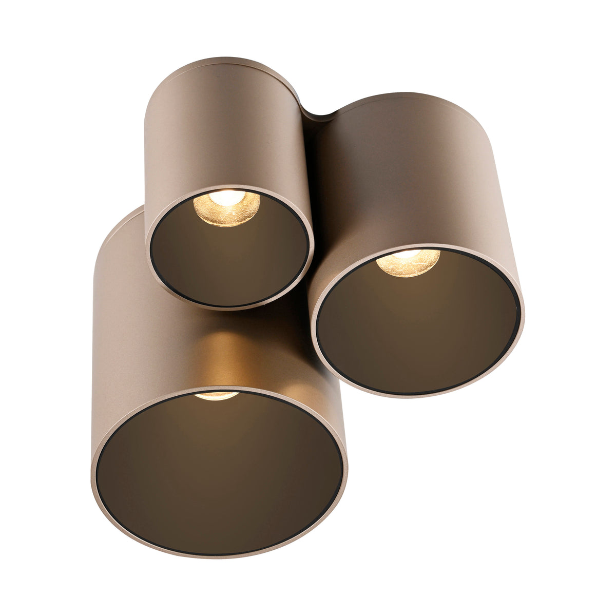 Détail rapproché des cylindres avec ampoules LED allumées et intérieur sombre.
